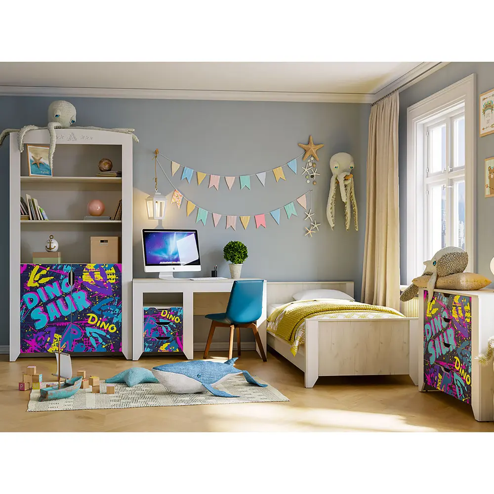 Стол письменный Буква Дуб крафт белый/Дино (RAU 