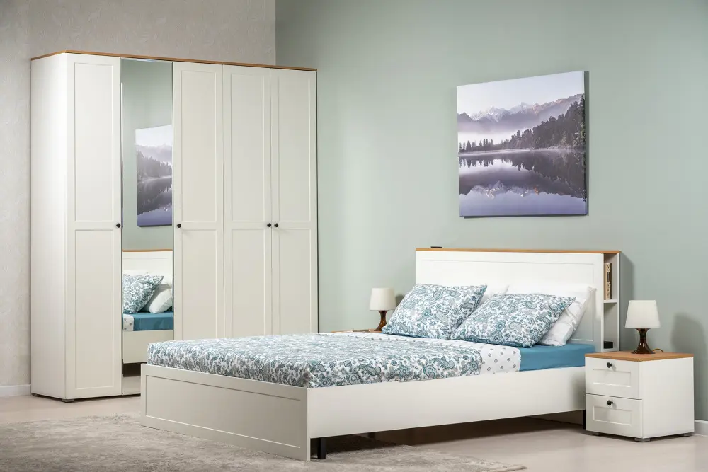 Кровать Остин 11.53 Белый шагрень/Дуб Золотой (Mob) 