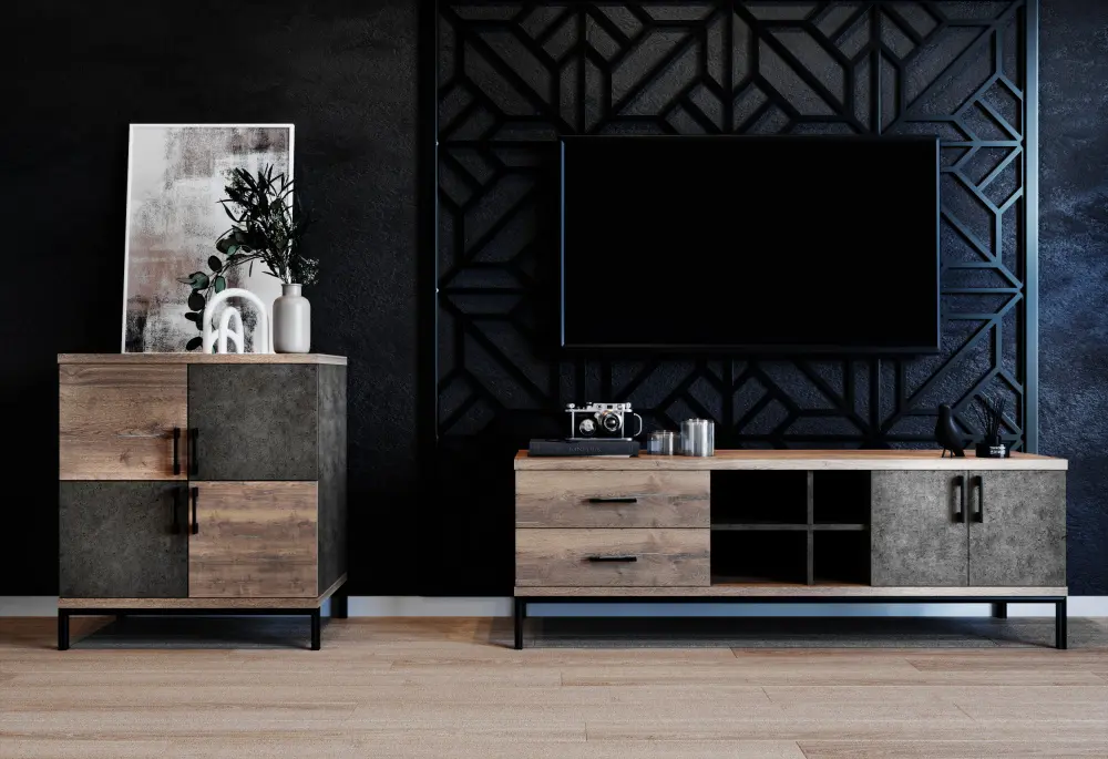 Тумба под ТВ Loft 1 Бетон Чикаго/Дуб Галифакс Олово (ANT) | Интернет магазин Масса Мебель