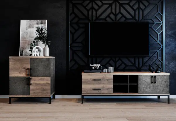 Тумба под ТВ Loft 1 Бетон Чикаго/Дуб Галифакс Олово (ANT) | Интернет магазин Масса Мебель