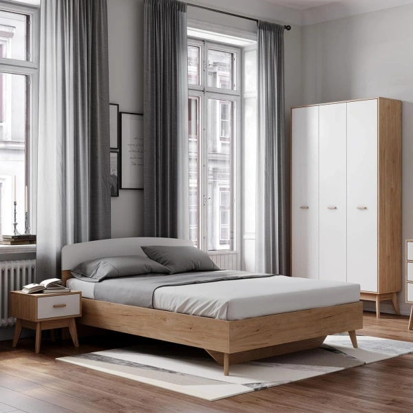 Комплект мебели для спальни "Калгари" Дуб натуральный светлый / Белый матовый (MEBG) | Интернет магазин Масса Мебель